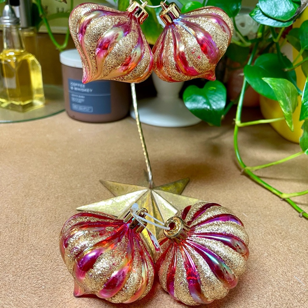 Vintage Holidays Faux Glass Ornaments Red & Gold Shatterproof Set/4
